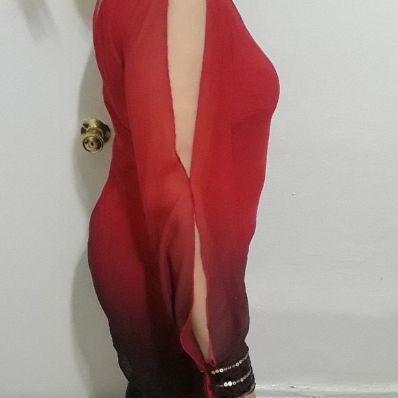 A.BYER ELEGANT LONG SLEEVES RED AND BURGUNDY DRESS - Picture 3 of 5